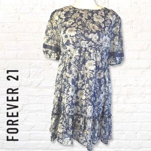 Forever 21 Blue and White Floral Ruffled Mini Dress Sz Large Blue
